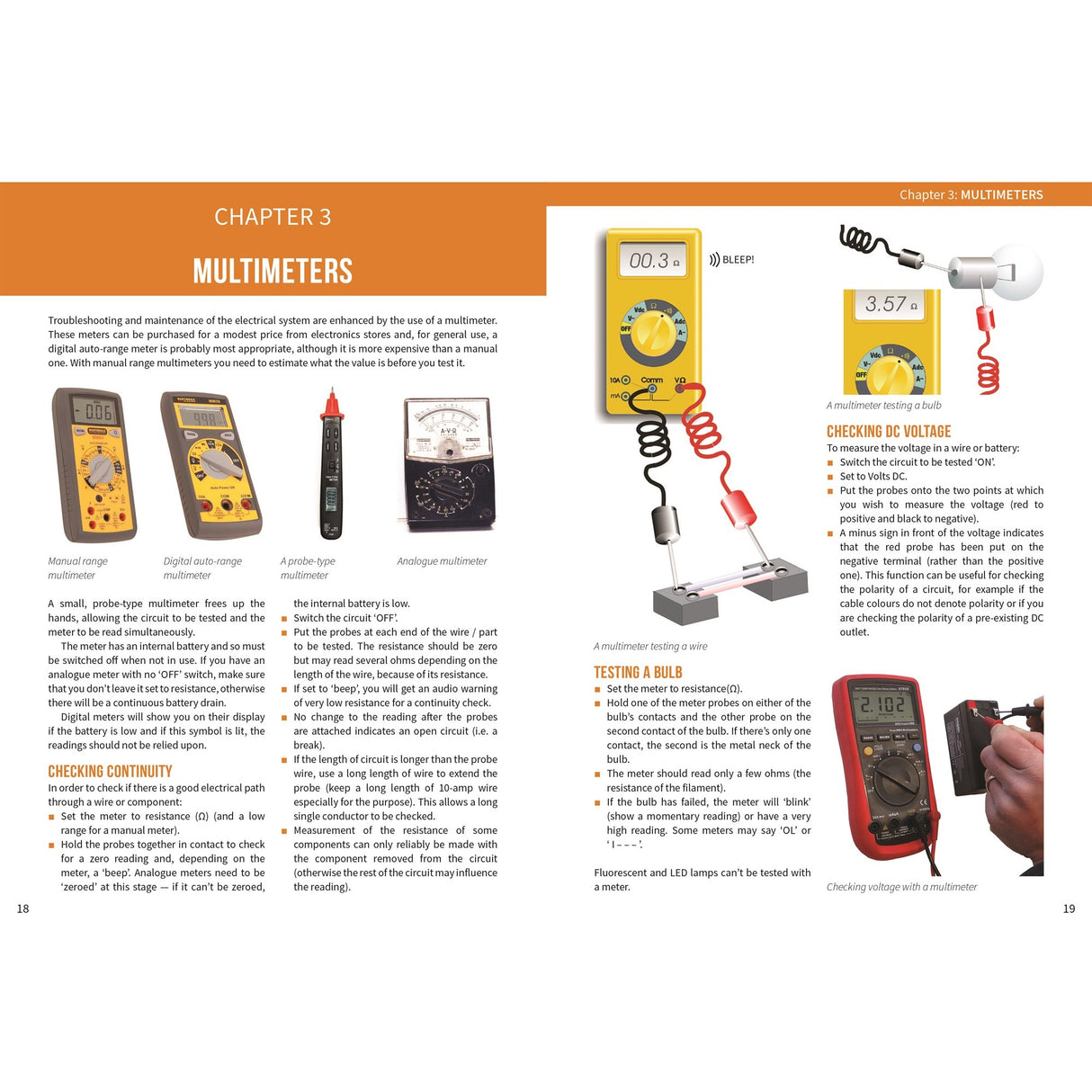A page from "Essential Boat Electrics" by Fernhurst Books describes and illustrates multimeters for marine electrical troubleshooting, with step-by-step photos showing continuity checks, bulb testing, and DC voltage measurement using digital multimeters.