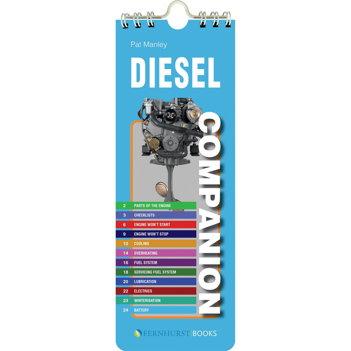 The "Diesel Companion" by Fernhurst Books features a blue cover with a marine diesel engine illustration and index of topics like engine troubleshooting, checklists, cooling, and fuel—a handy reference guide for boaters.