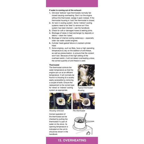 A page from the Diesel Companion by Fernhurst Books explains engine overheating with images of a thermostat, housing, and cooling parts, plus step-by-step troubleshooting checks—a handy reference for diesel engines.