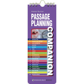 The "Passage Planning Companion" by Fernhurst Books is a purple spiral-bound guide with 24 color-coded chapters covering passage planning, pilotage, and navigation.