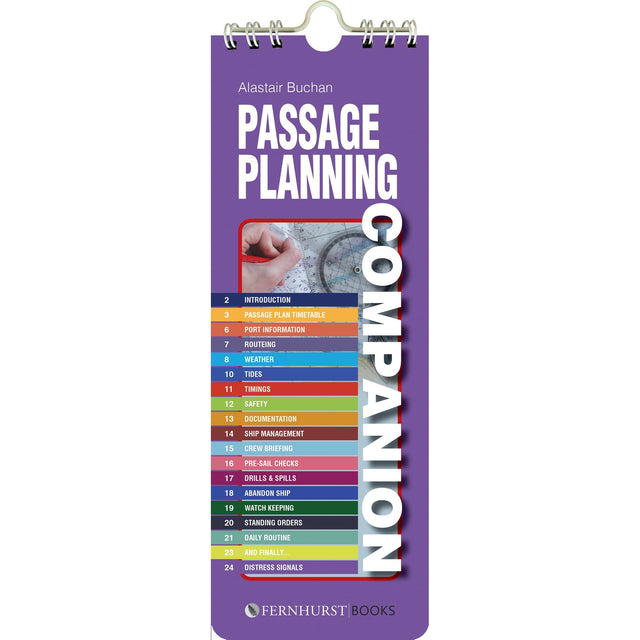 The "Passage Planning Companion" by Fernhurst Books is a purple spiral-bound guide with 24 color-coded chapters covering passage planning, pilotage, and navigation.