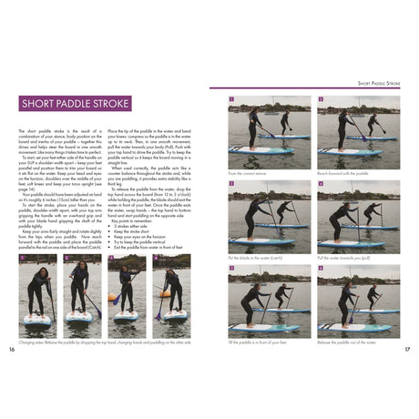 A step-by-step photo guide from Fernhurst Books' "Stand Up Paddleboarding: A Beginner's Guide" shows a woman in black on an inflatable board, demonstrating paddle strokes with text instructions alongside.