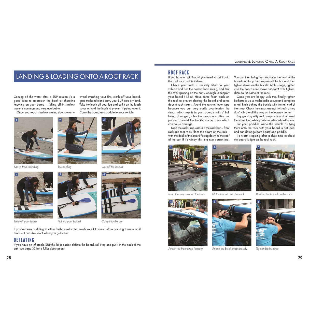 Stand Up Paddleboarding: A Beginner’s Guide by Fernhurst Books includes a 2-page manual with step-by-step photos and instructions on loading, securing, and deflating your board using a car roof rack—ideal for new paddleboarders.