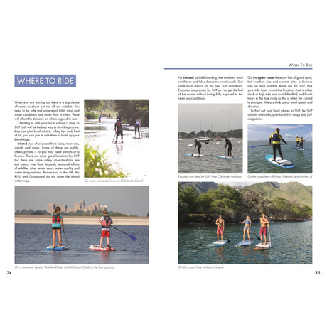 A magazine spread features Fernhurst Books’ "Stand Up Paddleboarding: A Beginner’s Guide," showing people on inflatable boards exploring scenic waters, with helpful paddleboarding tips in the explanatory text.