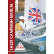 A sailor in yellow steers a Laser sailboat with “Ainslie” on the sail. The cover shows “Laser Campaign Manual” by Ben Ainslie, published by Fernhurst Books, with the British flag and “Sail to Win.”.