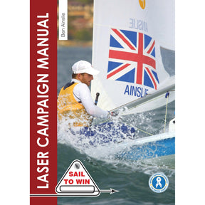 A sailor in yellow steers a Laser sailboat with “Ainslie” on the sail. The cover shows “Laser Campaign Manual” by Ben Ainslie, published by Fernhurst Books, with the British flag and “Sail to Win.”.