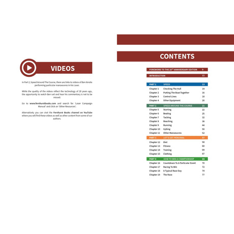 A two-page book spread: the left page shows a "VIDEOS" section with text and a play icon; the right features a colorful table of contents for the Laser Campaign Manual by Fernhurst Books, essential for Olympic sailing, with three chapter sections.