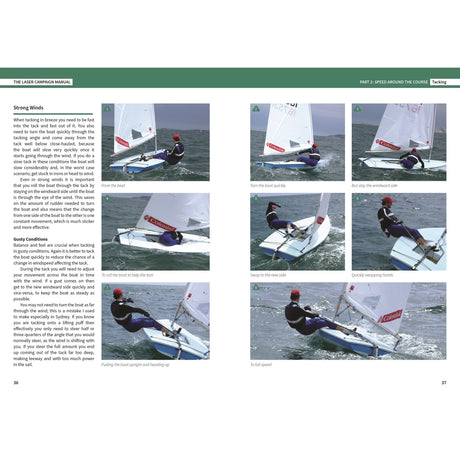 A step-by-step photo guide from Fernhurst Books' Laser Campaign Manual demonstrates a sailor tacking a Laser sailboat in strong winds, showing positions and maneuvers with instructional text and captions.