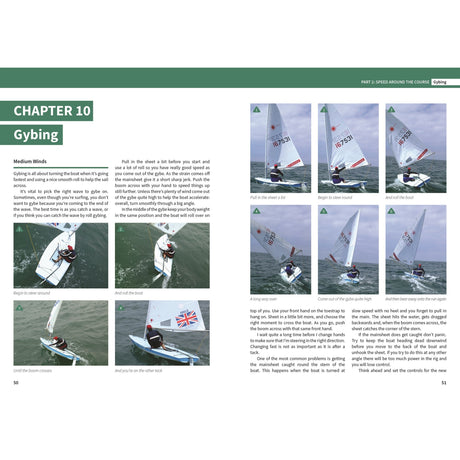 The Laser Campaign Manual by Fernhurst Books includes a two-page sailing guide with text and step-by-step photos demonstrating small sailboat gybing techniques under the chapter "Gybing.