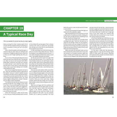 A two-page spread from the Laser Campaign Manual (Fernhurst Books) titled "CHAPTER 18: A Typical Race Day" features a race day description and a photo of Laser sailboats competing, capturing Olympic sailing excitement on the bottom right page.