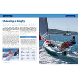 A family of four enjoys dinghy sailing by a rocky coast, as shown in Fernhurst Books' "Dinghy Sailing: Start to Finish." A child in a life jacket sits at the edge, another steers, and two kids ride an inflatable water toy in the inset.