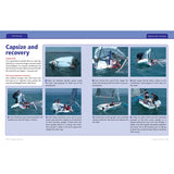 Dinghy Sailing: Start to Finish" by Fernhurst Books is an illustrated, step-by-step guide showing essential techniques for capsizing, righting, and re-boarding a small sailboat, with clear text and numbered images.