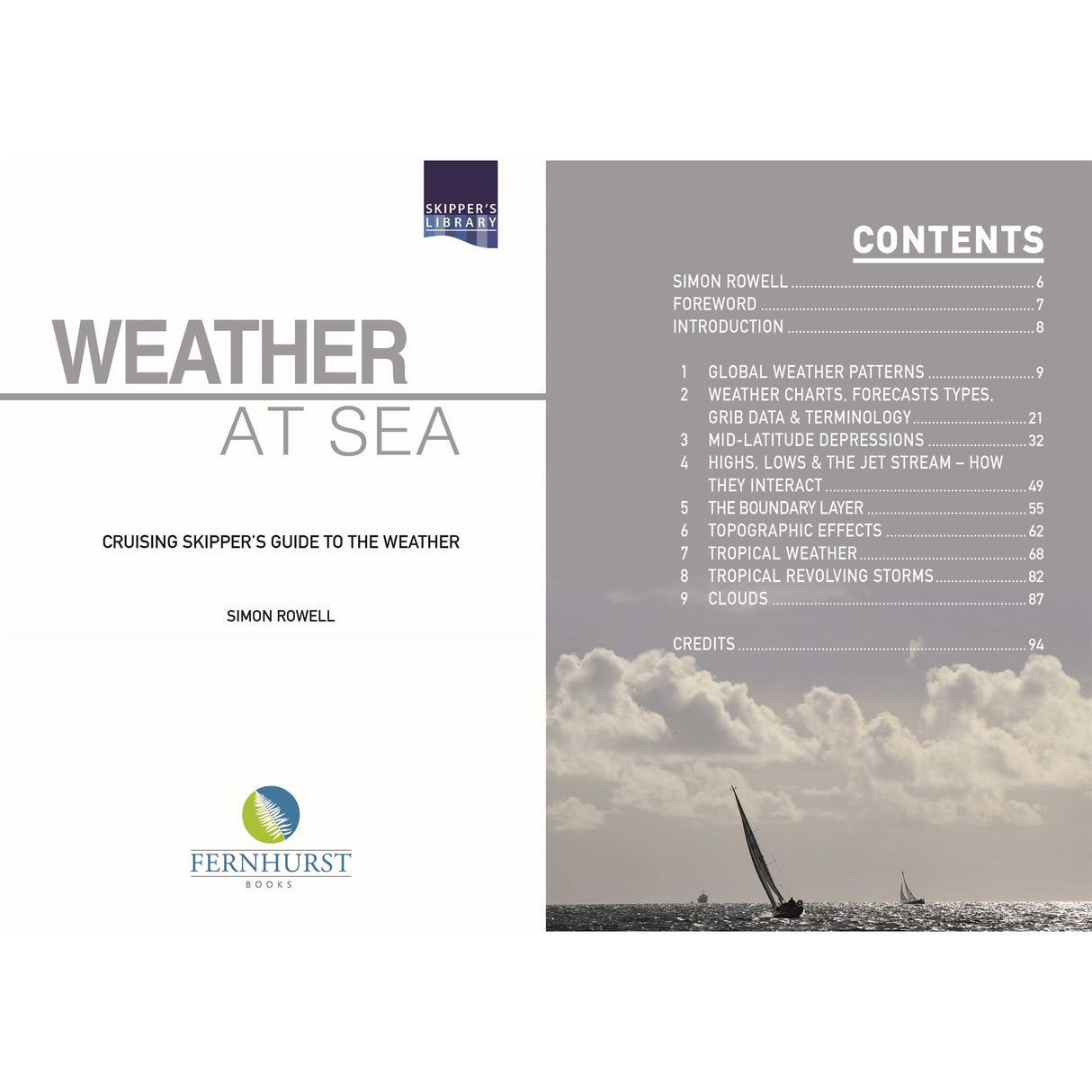 The cover of "Weather at Sea" by Fernhurst Books features a contents list, a sailboat under clouds, and the brand logo. This practical guide provides cruising skippers with expert advice on sailing weather and forecasting.