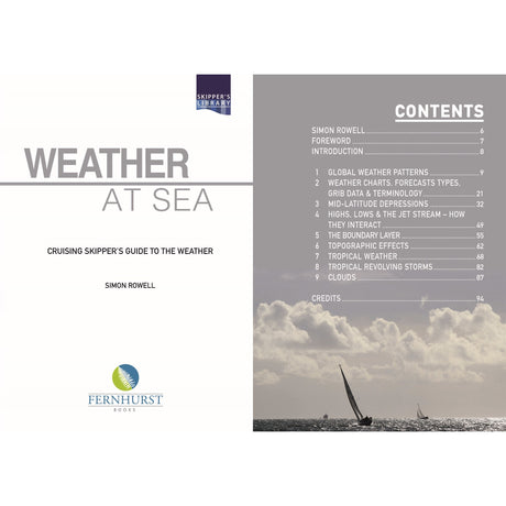 The cover of "Weather at Sea" by Fernhurst Books features a contents list, a sailboat under clouds, and the brand logo. This practical guide provides cruising skippers with expert advice on sailing weather and forecasting.