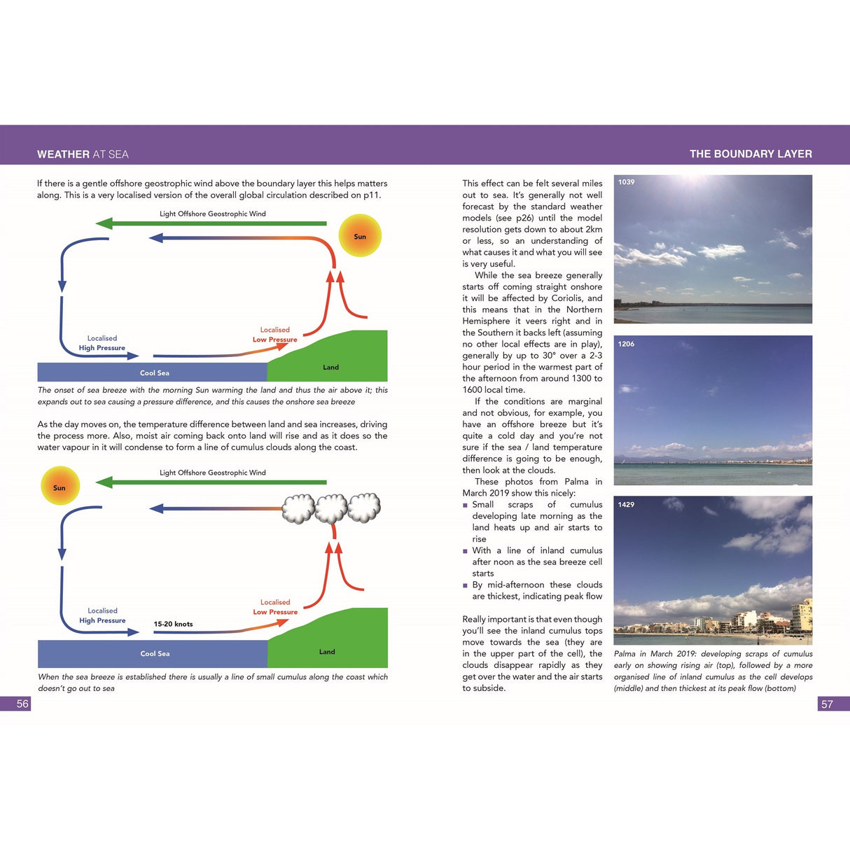 A page from "Weather at Sea" by Fernhurst Books displays sea breeze diagrams, text, and photos of various coastal cloud types. Captions explain weather conditions and offer practical forecasting tips for sailors.