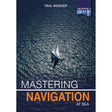 A book cover shows an aerial view of a sailboat on deep blue water. The title is "Mastering Navigation at Sea" by Fernhurst Books, with "Skipper’s Library" in a blue box at the top right corner.