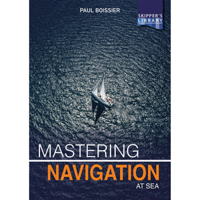 A book cover shows an aerial view of a sailboat on deep blue water. The title is "Mastering Navigation at Sea" by Fernhurst Books, with "Skipper’s Library" in a blue box at the top right corner.