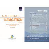 The image displays the cover and contents of "Mastering Navigation at Sea" by Fernhurst Books, featuring a sailboat and chapters on yacht navigation and key mariner skills.