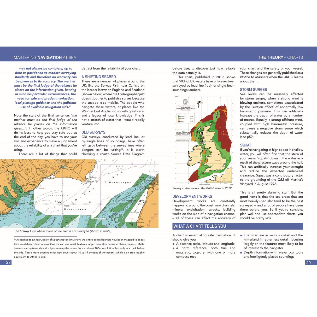 A two-page spread from "Mastering Navigation at Sea" by Fernhurst Books features text on navigation charts, diagrams, highlights, and a colorful map showing depth zones and hazards essential for yacht navigation.