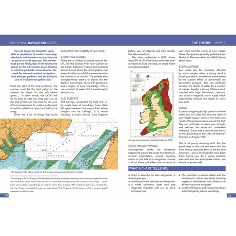 A two-page spread from "Mastering Navigation at Sea" by Fernhurst Books features text on navigation charts, diagrams, highlights, and a colorful map showing depth zones and hazards essential for yacht navigation.