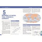 The "Movement of Water: Tidal Streams & Currents" page from Fernhurst Books' "Mastering Navigation at Sea" features diagrams, a global ocean currents map, clear explanations, and helpful highlights on yacht navigation skills.