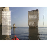 Enjoying calm waters from an inflatable kayak, you face white sea stacks—chapter titles and page numbers appear on the right stack, with a transparent list overlay left. The kayak's red tip invites adventure in Fernhurst Books’ Inflatable Kayaking.
