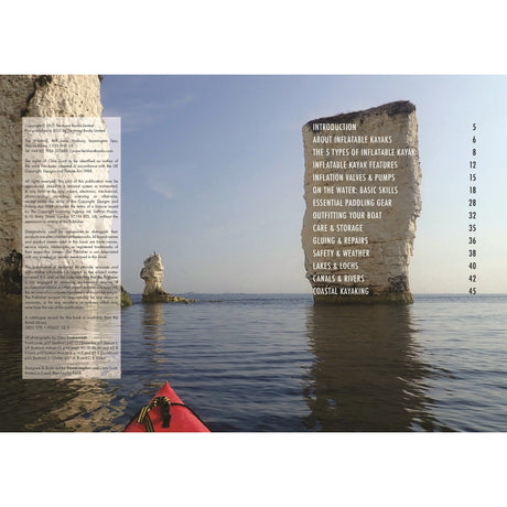 Enjoying calm waters from an inflatable kayak, you face white sea stacks—chapter titles and page numbers appear on the right stack, with a transparent list overlay left. The kayak's red tip invites adventure in Fernhurst Books’ Inflatable Kayaking.