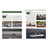 A two-page spread from Fernhurst Books' "Inflatable Kayaking" guide displays descriptions and photos of single-skin vinyl and shell & bladder kayaks, featuring people paddling on lakes and rivers.