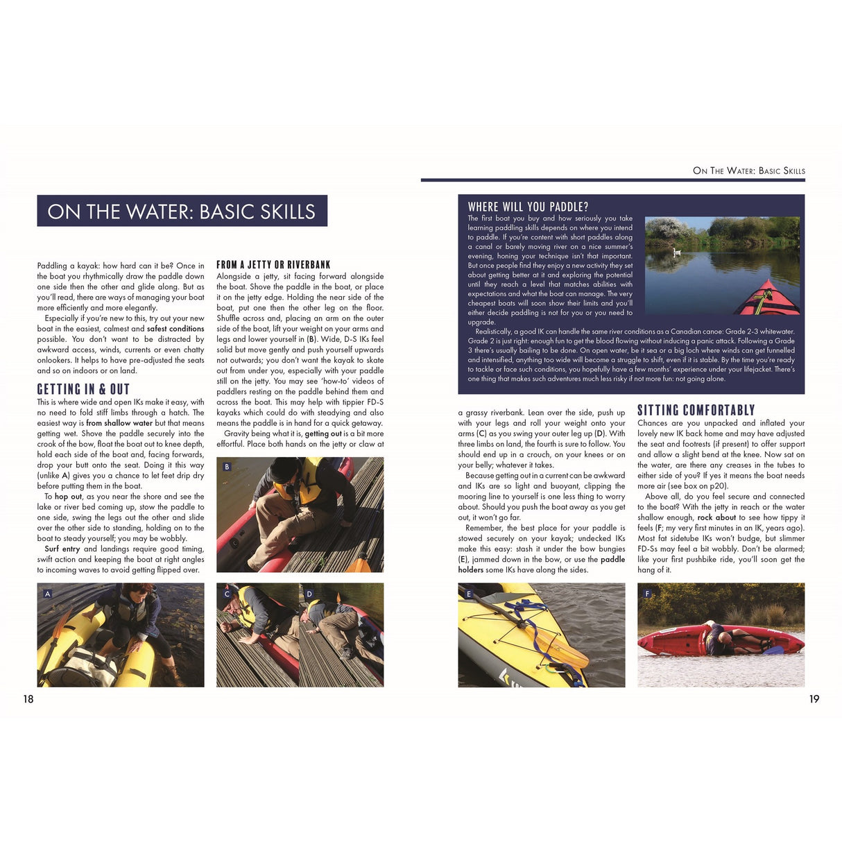 A two-page spread from "Inflatable Kayaking" by Fernhurst Books, showing British Canoeing basics and photos of people entering inflatable kayaks from docks and launching on calm water under blue skies.