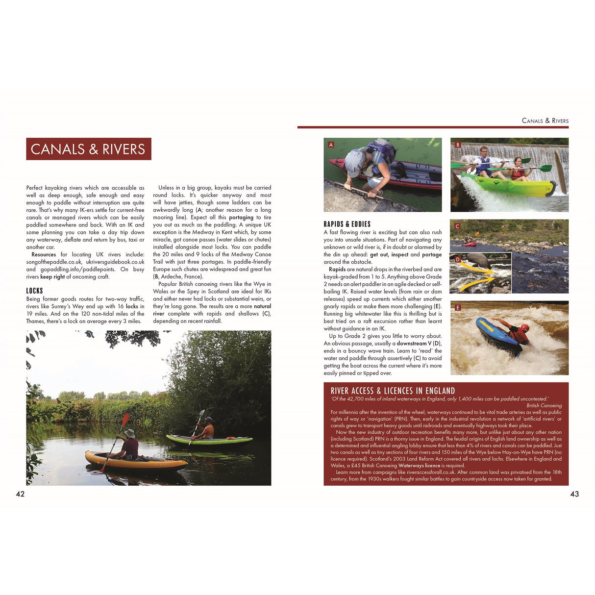 Two pages from Fernhurst Books’ "Inflatable Kayaking," featuring text and photos of people paddling inflatable kayaks and canoes on calm and fast-moving water, surrounded by trees and nature.