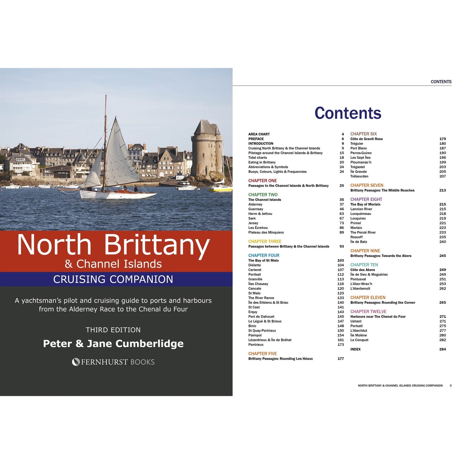 The cover of Fernhurst Books' "North Brittany & Channel Islands Cruising Companion" shows a sailboat by historic stone buildings, with the blue and black table of contents displayed alongside.