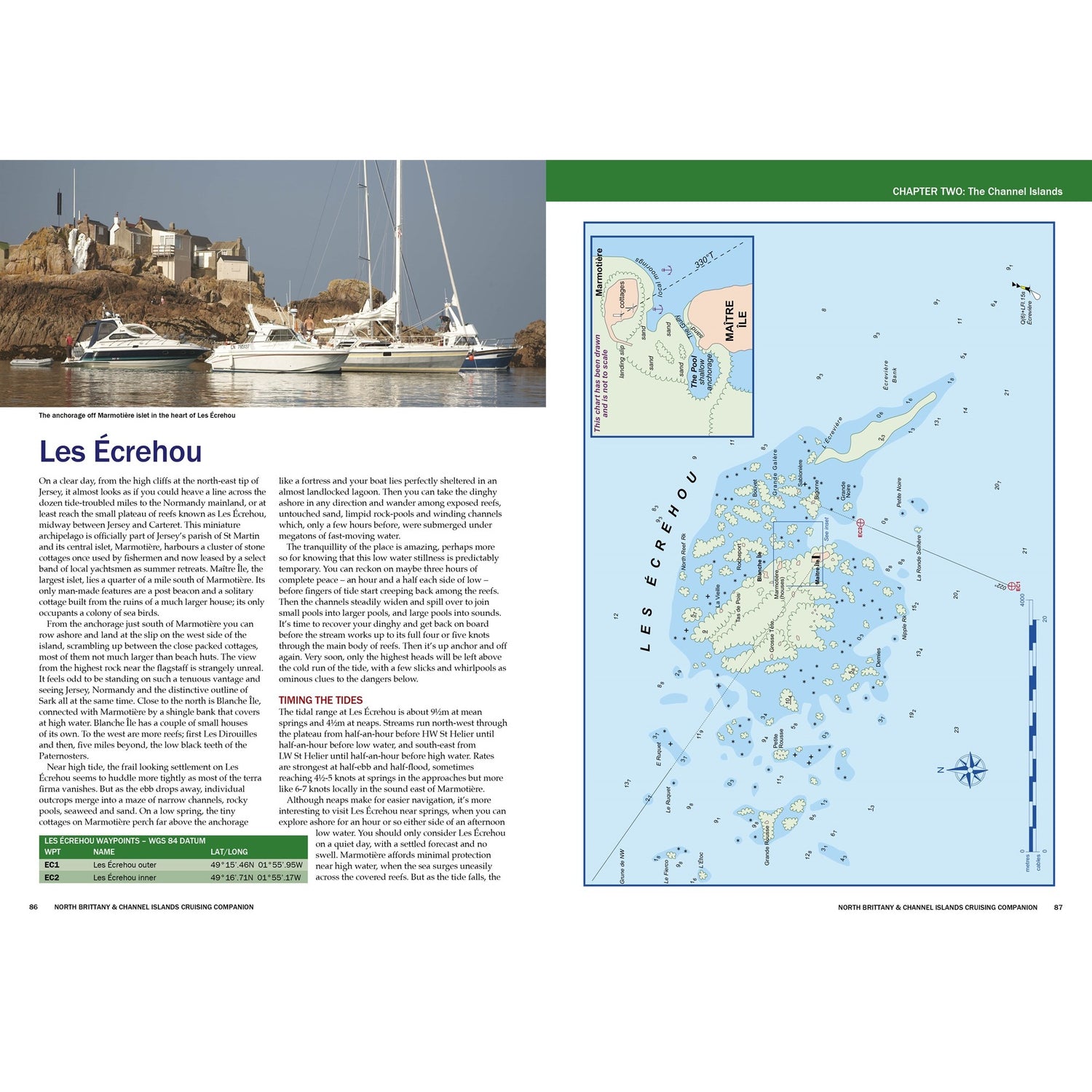 A two-page spread in Fernhurst Books’ North Brittany & Channel Islands Cruising Companion features Les Écréhous text, boat and islet photos, and pilotage with a detailed chart—an essential guide for cruising the region.