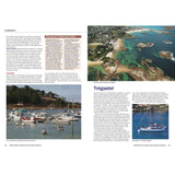 A magazine spread showcases aerial and dockside photos of a coastal town with boats and clear water, text about Ploumanac’h and Trégastel, a restaurant guide, plus cruising tips from Fernhurst Books’ North Brittany & Channel Islands Cruising Companion.
