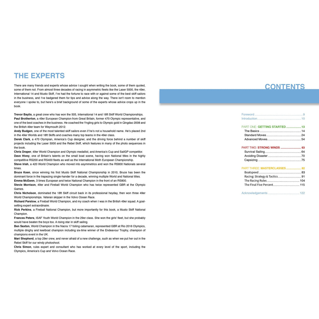 The Asymmetric Dinghy Book by Fernhurst Books displays "The Experts" with names and bios on the left page, while the right page presents a cleanly laid out table of contents, including chapters on sailing techniques and asymmetric dinghies.