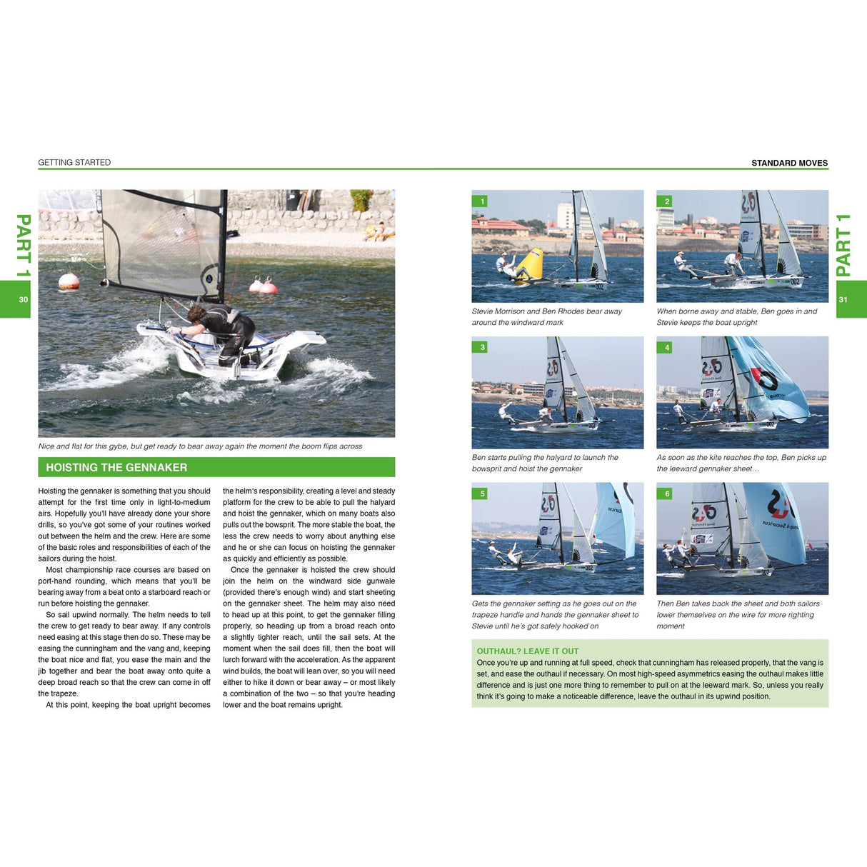 The Asymmetric Dinghy Book from Fernhurst Books combines step-by-step photos of sailboat maneuvers with clear text and images on launching a gennaker, showcasing sailing techniques against water and shoreline backdrops.