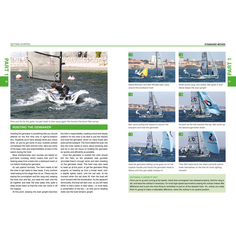 The Asymmetric Dinghy Book from Fernhurst Books combines step-by-step photos of sailboat maneuvers with clear text and images on launching a gennaker, showcasing sailing techniques against water and shoreline backdrops.