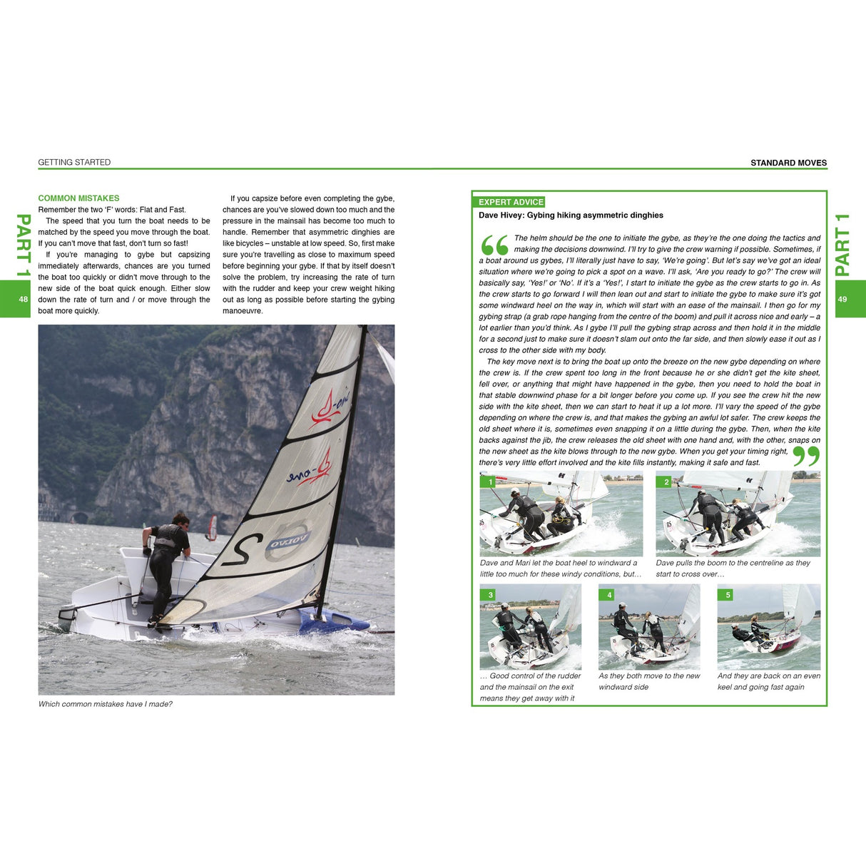 A two-page magazine spread features Fernhurst Books' "Asymmetric Dinghy Book," showing sailors on windy waters, step-by-step action photos, and instructional columns on asymmetric dinghies and racing techniques.
