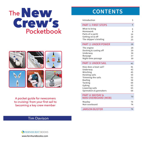 Contents page from "New Crew's Pocketbook" by Fernhurst Books, featuring a table of contents with six sailing icons. This guide covers sailing basics for newcomers to cruising or sailing yachts.