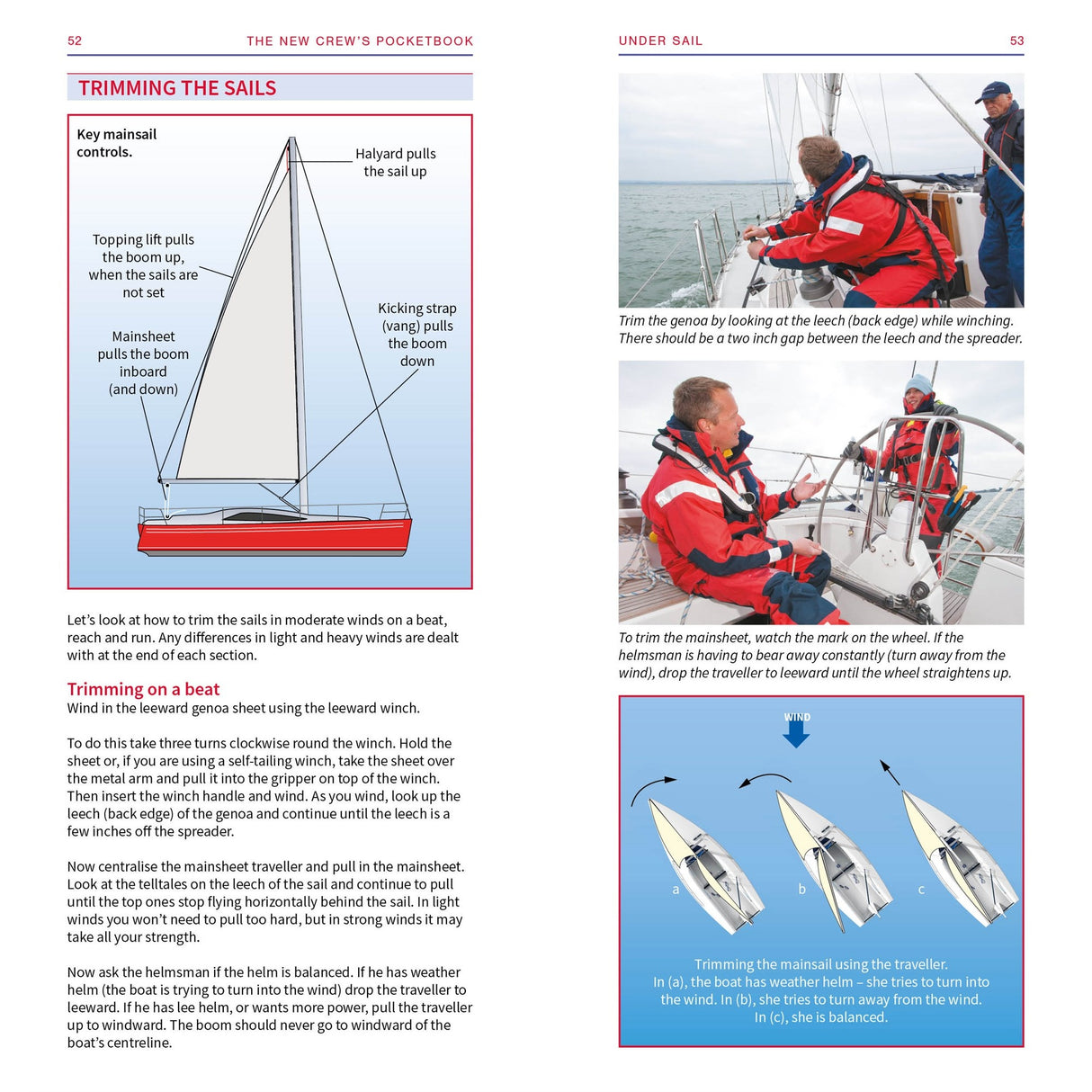 The New Crew's Pocketbook by Fernhurst Books features sailing basics with diagrams of sail trimming, labeled parts, photos of crew on a yacht, and insets explaining mainsail and traveller adjustments with text and illustrations.