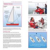 The New Crew's Pocketbook by Fernhurst Books features sailing basics with diagrams of sail trimming, labeled parts, photos of crew on a yacht, and insets explaining mainsail and traveller adjustments with text and illustrations.
