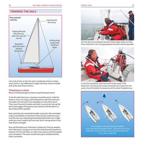 The New Crew's Pocketbook by Fernhurst Books features sailing basics with diagrams of sail trimming, labeled parts, photos of crew on a yacht, and insets explaining mainsail and traveller adjustments with text and illustrations.