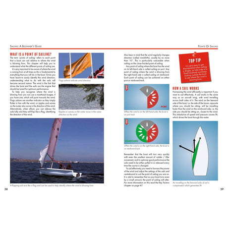 Sailing: A Beginner's Guide by Fernhurst Books features text, diagrams on sailing points, a sailboat photo, a red "Top Tip" box, and arrows showing wind direction to help beginners learn to sail.