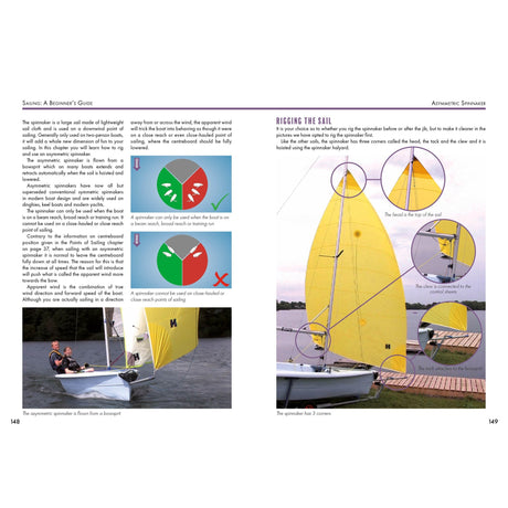 Sailing: A Beginner's Guide by Fernhurst Books includes diagrams and instructions on using an asymmetric spinnaker, with labeled images of a yellow-sailed boat, sail controls, and clear rigging steps—perfect for learning to sail.