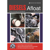 Book cover for "Diesels Afloat" by Fernhurst Books features close-up photos of diesel engines and hands repairing yacht engines, plus a troubleshooting boat engines guide description at the bottom.
