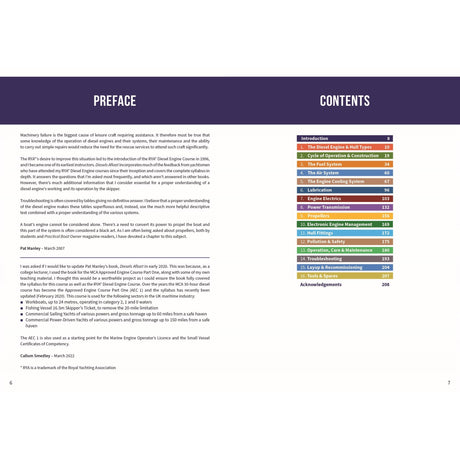 A two-page spread from Fernhurst Books’ "Diesels Afloat," with a “Preface” on the left and a colorful vertical “Contents” list on the right, showing chapter titles like troubleshooting boat engines and diesel engines with page numbers.