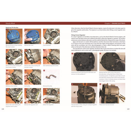 Discover step-by-step photo instructions from Fernhurst Books' Diesels Afloat for diesel engine maintenance, including close-up shots of parts, tools in action, component removal, and numbered guides to replace brushes and fit a split regulator.