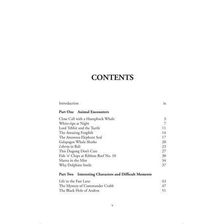 The table of contents for Fernhurst Books' Amazing Diving Stories lists chapters and pages featuring true tales like "Close Call with a Humpback Whale," "Why Dolphins Smile," and "The Mystery of Commander Crabb" for every diver to enjoy.