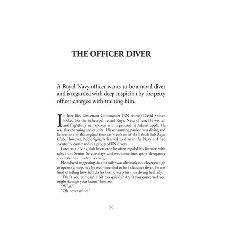 A page in "Amazing Diving Stories" by Fernhurst Books features Lieutenant Commander David Simmian, a Royal Navy officer eager to dive despite the suspicion of his petty officer trainer, highlighting this extreme watersport.