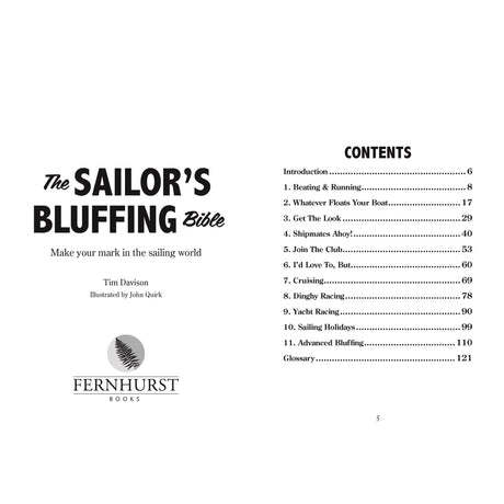 The title page and table of contents for "Sailor's Bluffing Bible" from Fernhurst Books, listing chapters and pages, with the Fernhurst Books logo at the bottom left.