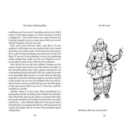 A black and white illustration of a person in oversized winter clothing holding a Mars bar and Fernhurst Books' Sailor's Bluffing Bible, with text on both sides—perfect for sailing or enjoying your favorite sailing book.